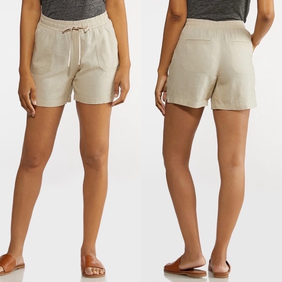 Cato Pants - khaki tan drawstring linen Shorts with front patch pockets Size Medium